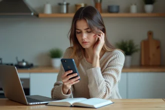 Jeune femme inquiète vérifiant son smartphone dans la cuisine