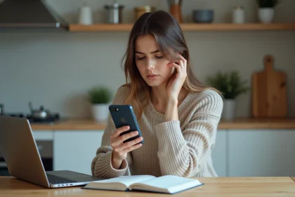 Jeune femme inquiète vérifiant son smartphone dans la cuisine