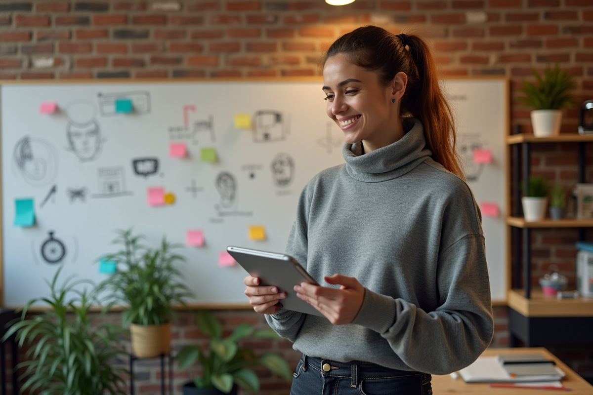 Jeune femme créative dans un atelier avec tableaux et gadgets