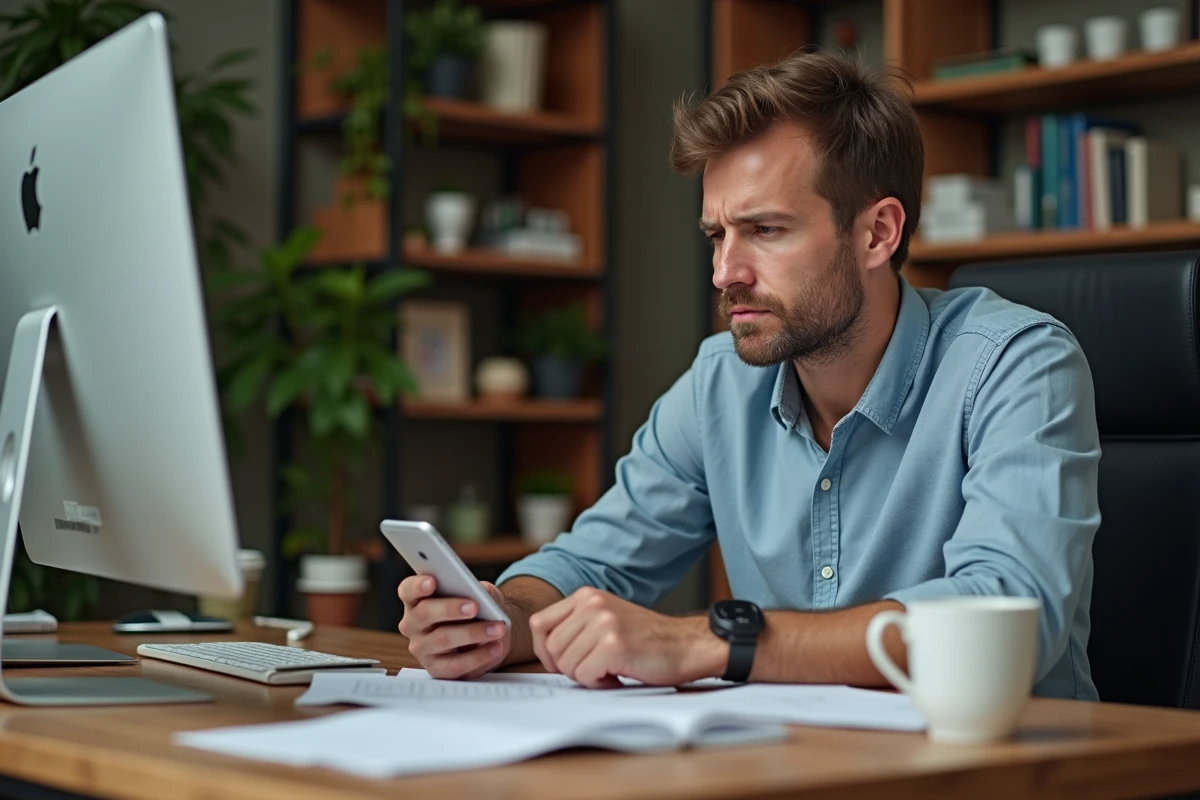 Jeune homme concentré regardant son ordinateur dans un bureau