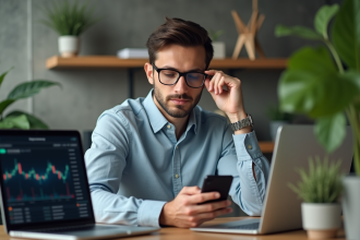 Jeune homme concentré utilisant une application crypto en intérieur