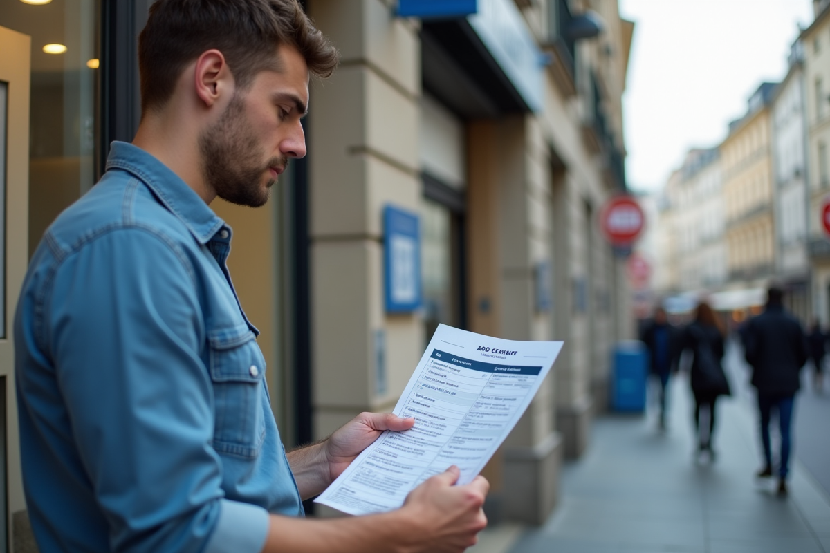 Jeune homme français dehors avec fiche de salaire et bureau social