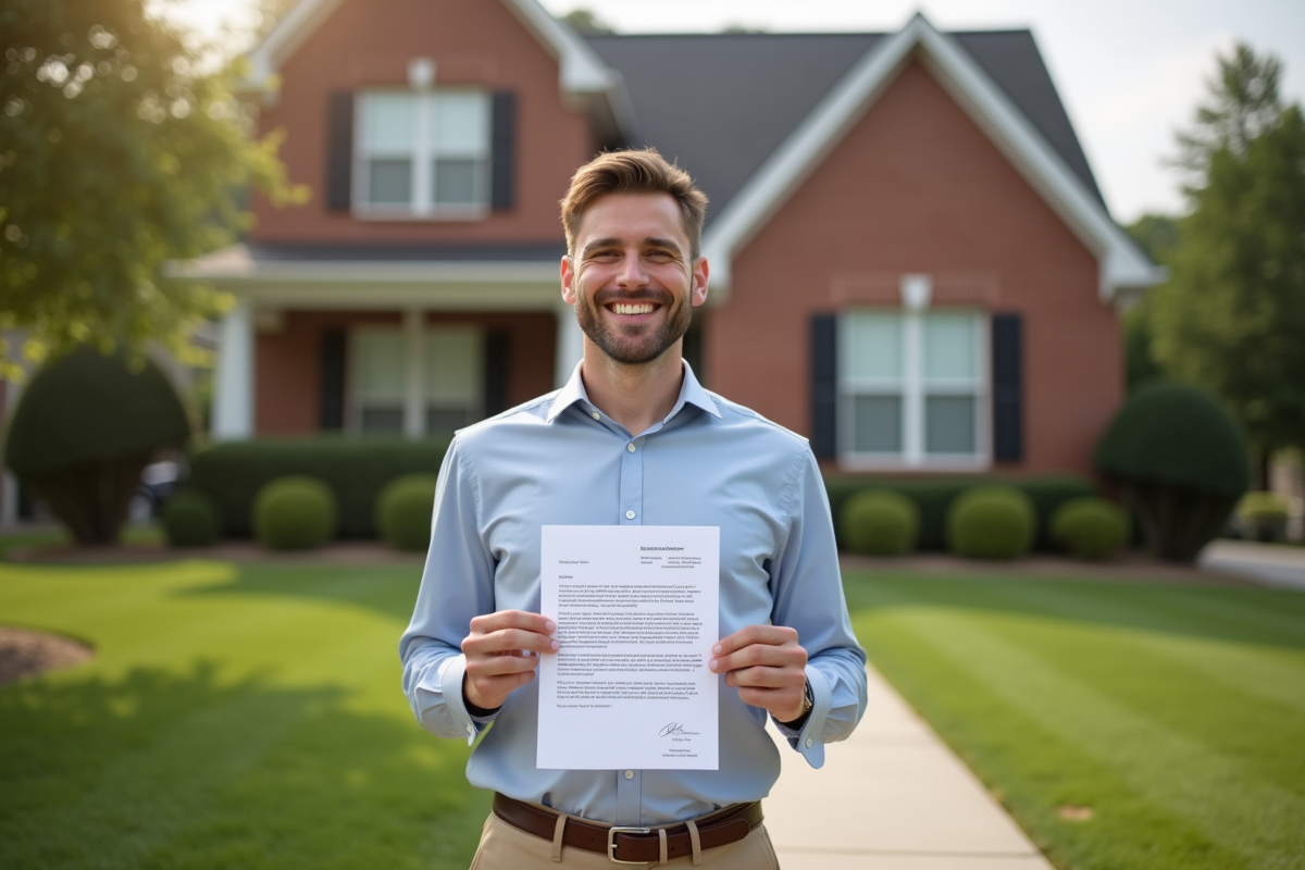 Jeune homme souriant devant sa maison neuve en banlieue