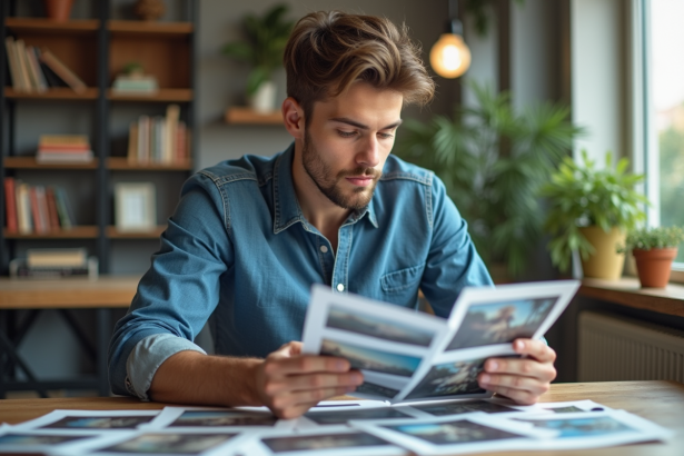 Jeune homme créatif dans un bureau lumineux examine des photos imprimées