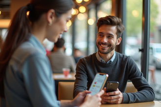 Jeune professionnel utilisant un smartphone pour payer au café