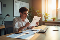 Jeune professionnel vérifiant sa fiche de paie dans un bureau lumineux