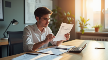 Jeune professionnel vérifiant sa fiche de paie dans un bureau lumineux