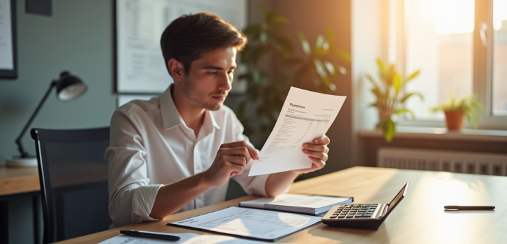Jeune professionnel vérifiant sa fiche de paie dans un bureau lumineux
