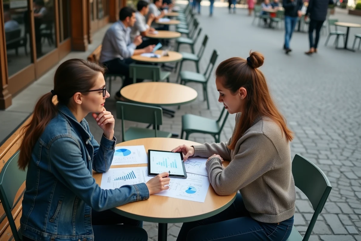 Jeune homme et femme étudiant des graphiques économiques en extérieur