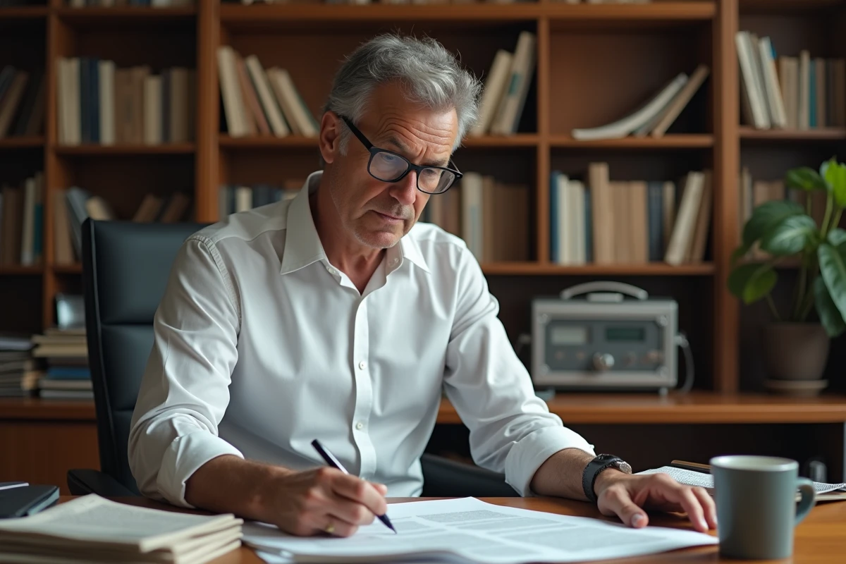 Journaliste éditorialiste au téléphone dans son bureau privé entouré de livres d'économie et de journaux