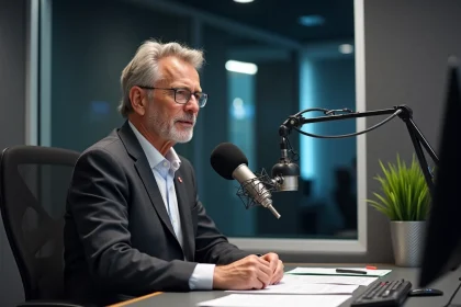 Journaliste économique enregistrant un édito dans un studio de radio professionnel à Paris