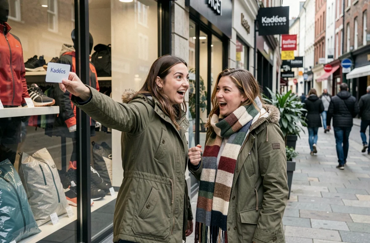 Deux amies devant une boutique de sport discutant des achats possibles avec une carte cadeau Kadéos Infini