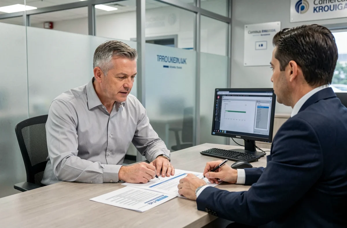 Client en rendez-vous avec un conseiller bancaire pour un litige de crédit à la consommation dans une agence