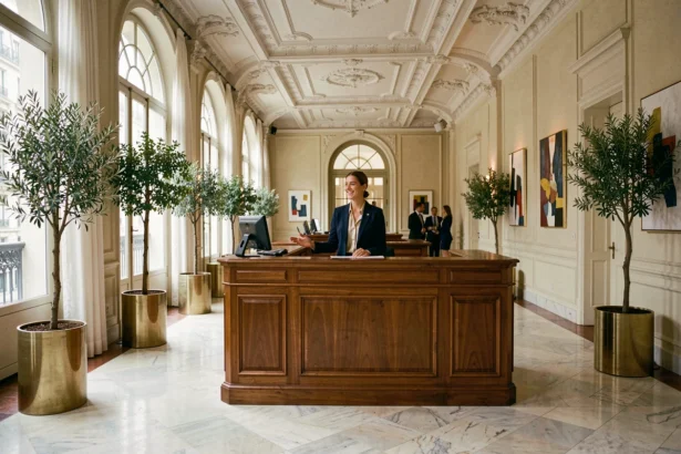 Hall d'un hôtel boutique parisien avec réception en bois et sol en marbre, illustrant l'investissement hôtelier européen via la SCPI Atream Hôtel