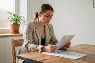 Locataire examinant un contrat d'assurance loyer impayé à la table de sa cuisine