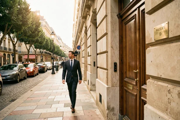 Vue large d'un immeuble haussmannien à Marseille avec plaque de notaire en laiton, ambiance professionnelle et urbaine