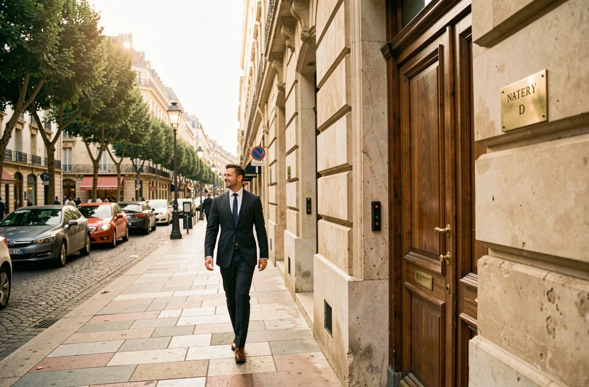 Vue large d'un immeuble haussmannien à Marseille avec plaque de notaire en laiton, ambiance professionnelle et urbaine