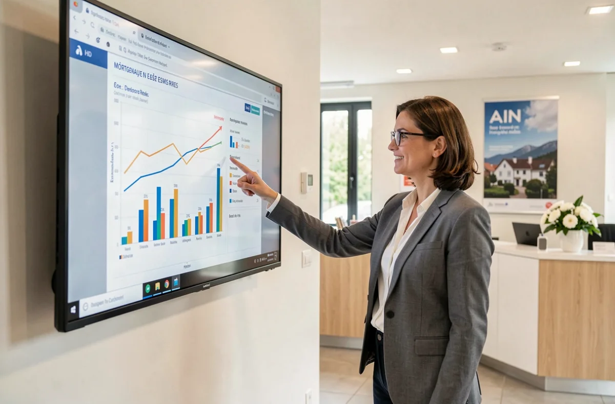 Spécialiste Meilleurtaux Ain présentant une comparaison de taux de crédit immobilier sur un écran mural dans un bureau moderne