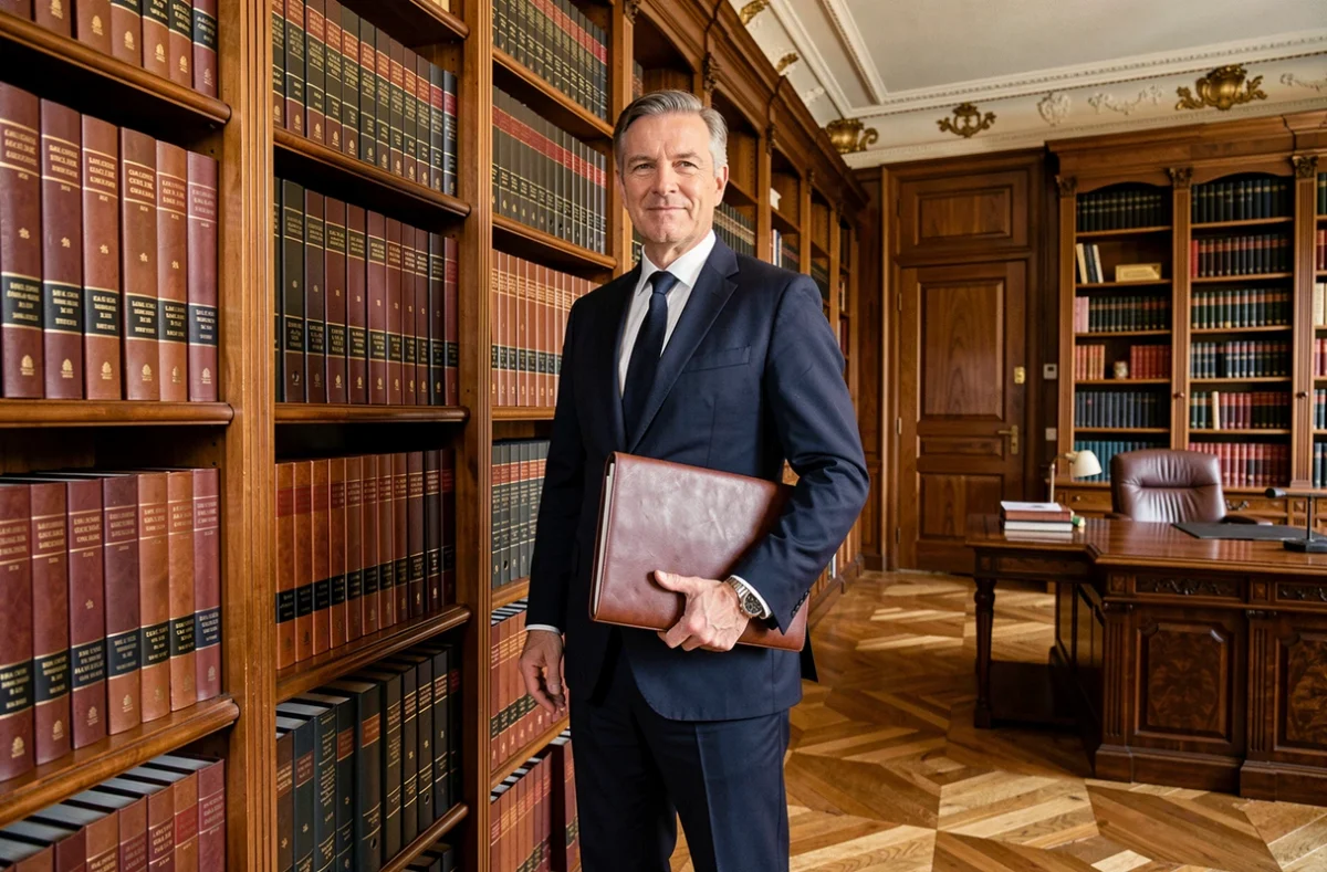 Notaire masculin en costume marine debout devant une bibliothèque de droit dans un cabinet notarial classique à Marseille