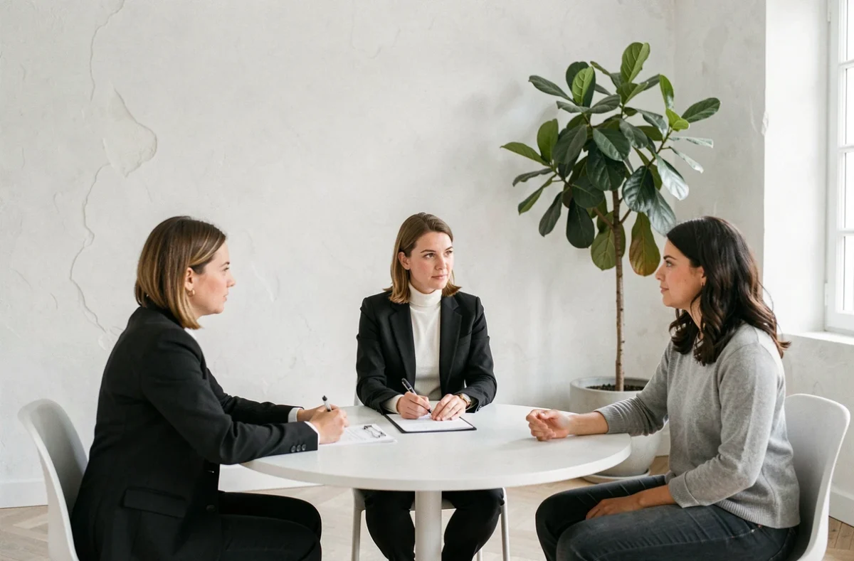Notaire féminine en blazer noir facilitant une médiation familiale entre deux parties dans un cabinet notarial moderne à Marseille