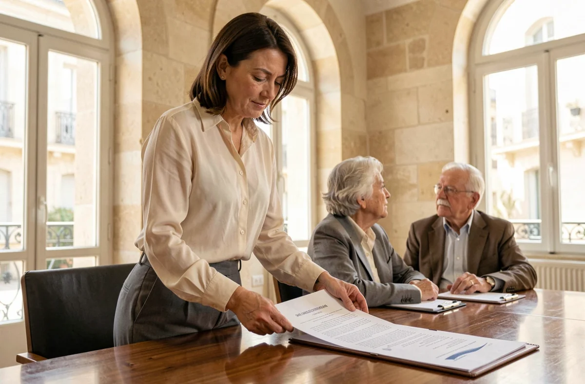 Notaire féminine discutant d'un acte de succession avec un couple âgé dans un cabinet notarial aux murs en pierre à Marseille