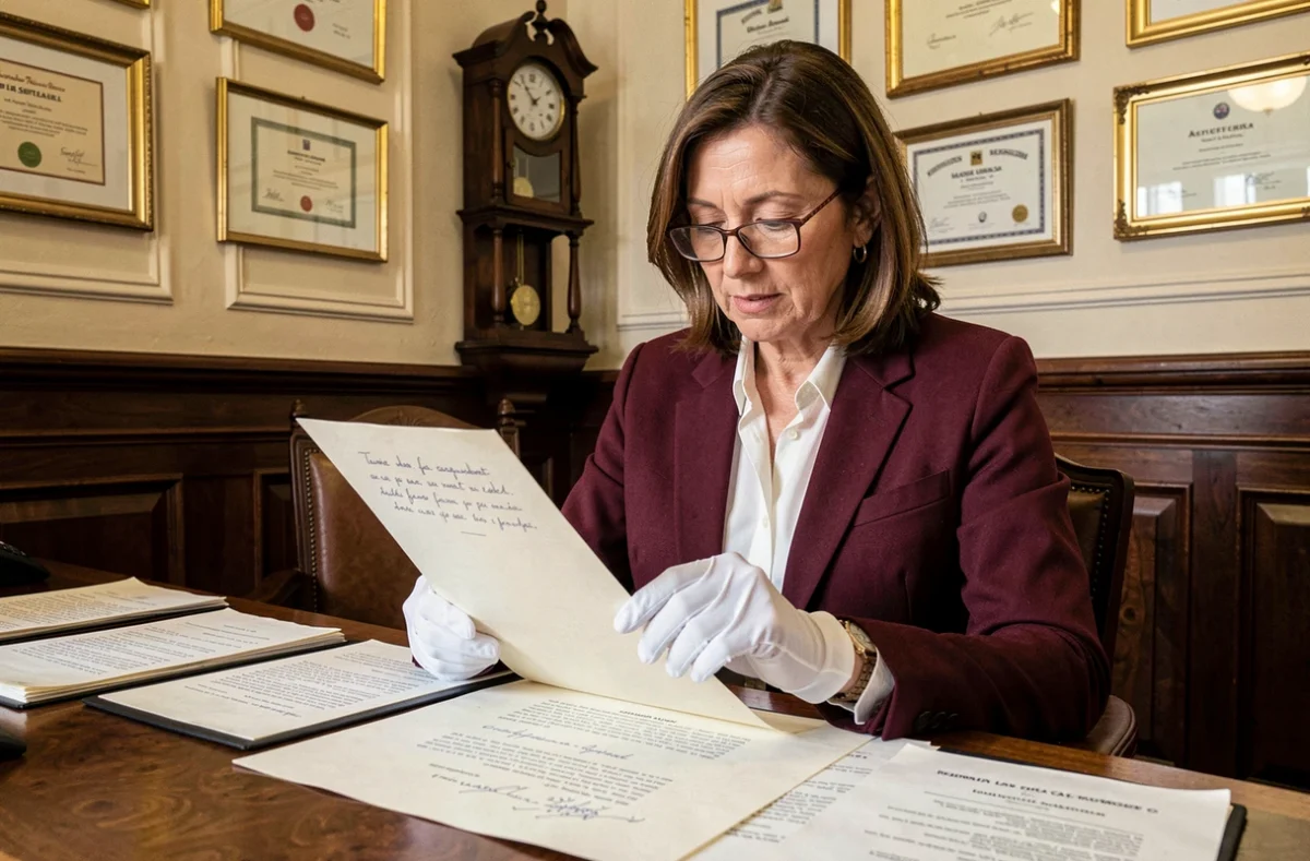 Notaire féminine en blazer bordeaux examinant un testament manuscrit avec des gants blancs dans un cabinet historique à Marseille
