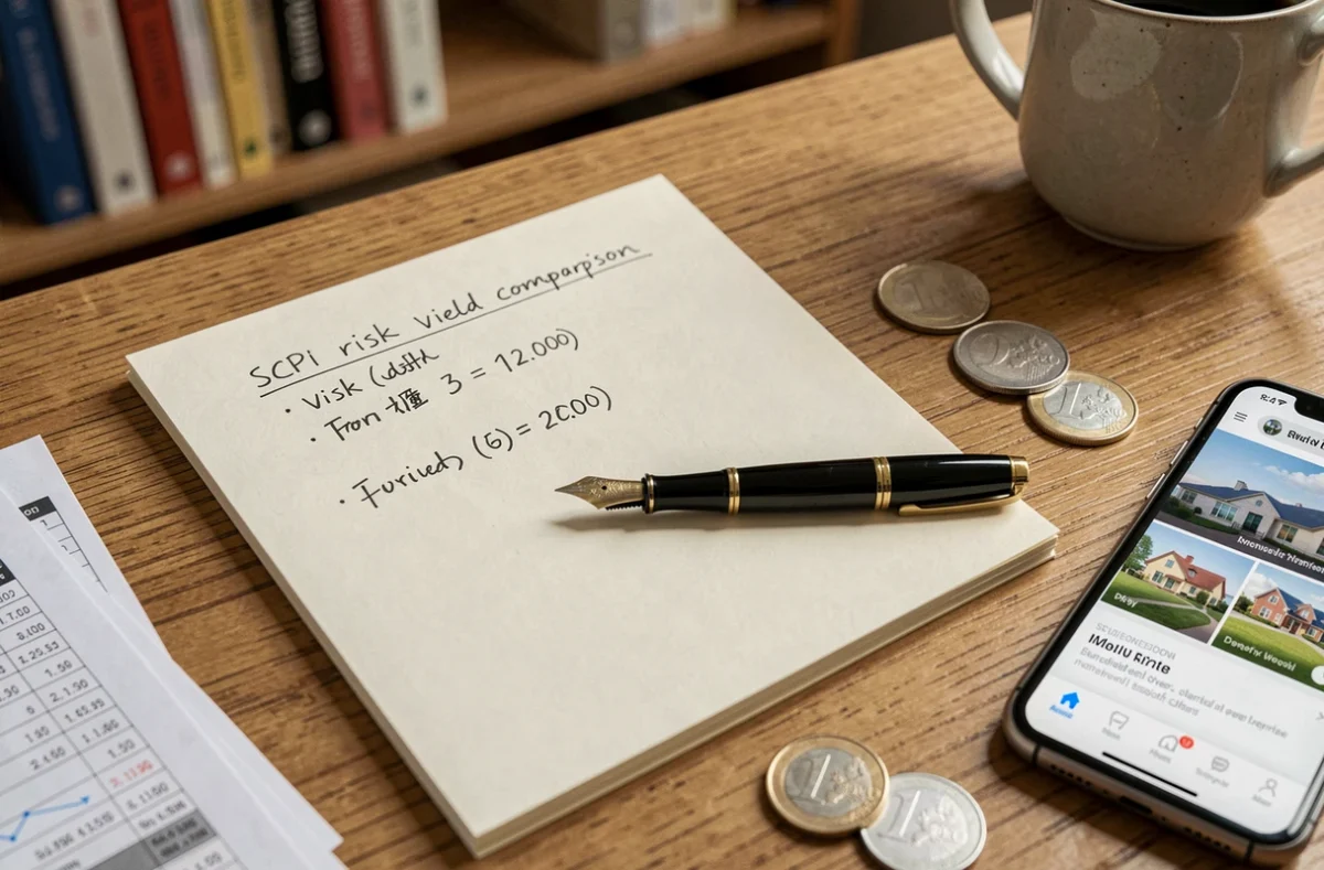 Gros plan sur un bureau avec des notes manuscrites comparant rendement et risque de SCPI, un stylo et des pièces en euros