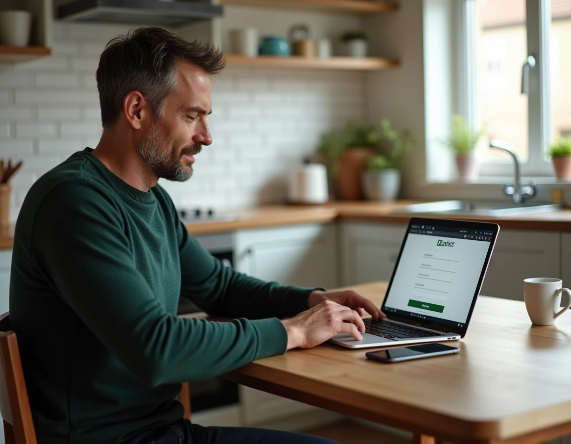 Homme ouvrant un compte CIC en ligne depuis son domicile avec un ordinateur portable