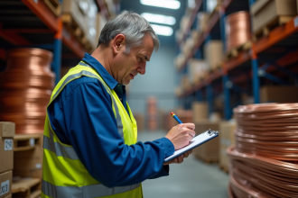 Ouvrier inspectant des tuyaux en cuivre dans un entrepôt industriel