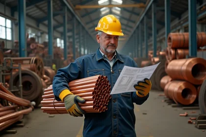 Ouvrier en combinaison dans une usine de recyclage de cuivre
