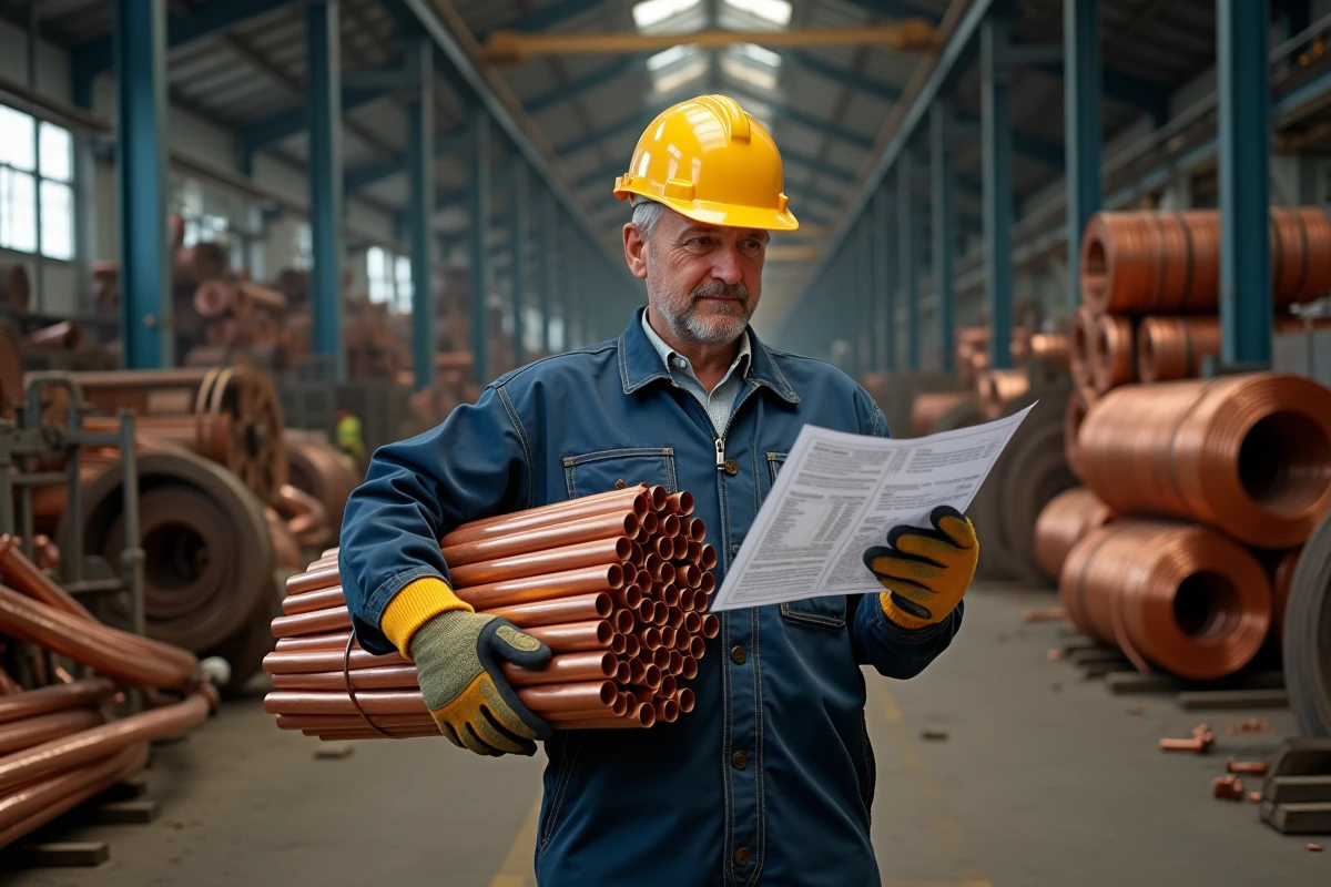 Ouvrier en combinaison dans une usine de recyclage de cuivre