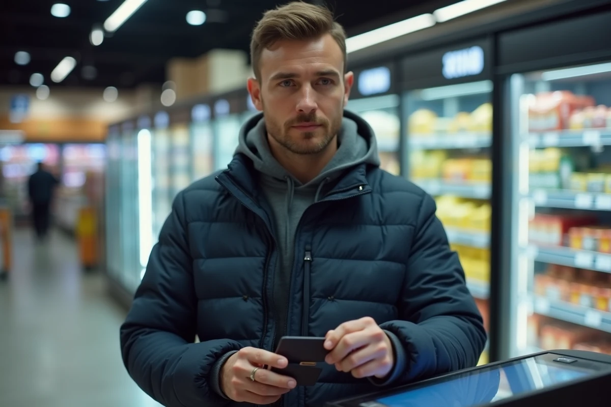 Homme payant par carte bancaire sans contact en supermarché illustrant l'arrondi automatique des dépenses et l'épargne en Bitcoin avec Bitstack