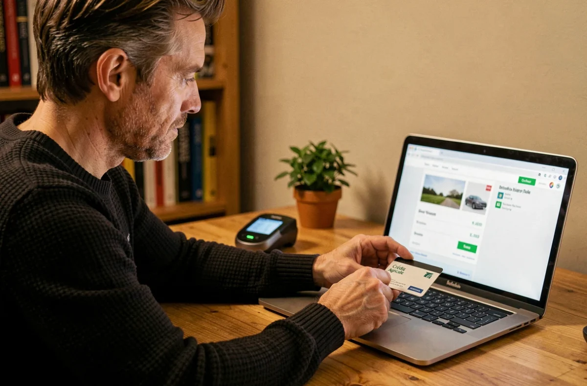 Homme utilisant une carte Crédit Agricole pour un paiement en ligne sur un site e-commerce depuis son bureau
