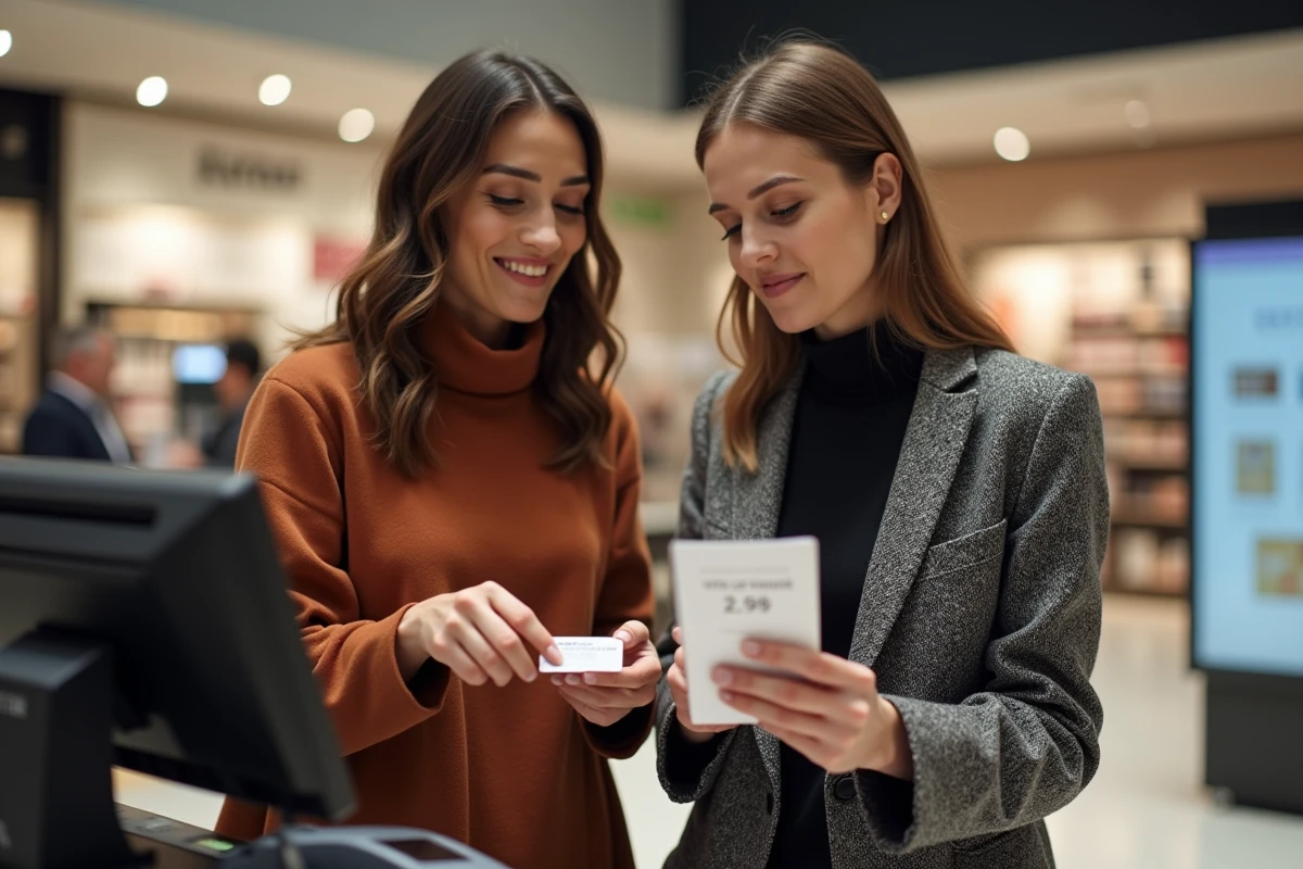Deux femmes utilisant une enseigne Kadéos Infini à la caisse d'un grand magasin pendant les soldes