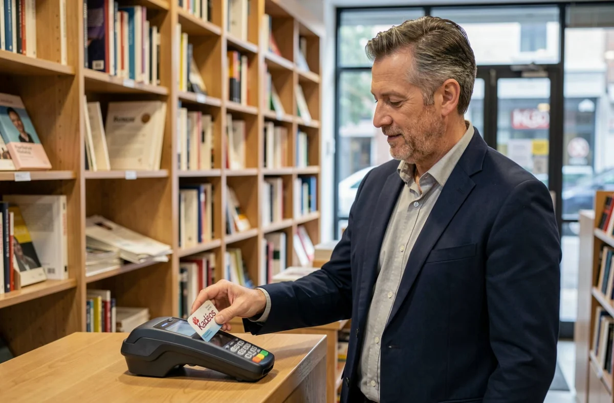 Homme utilisant une carte Kadéos Infini comme moyen de paiement sans contact dans une librairie