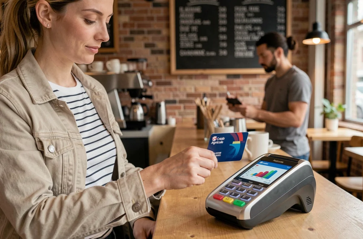 Femme effectuant un paiement sans contact avec sa carte Crédit Agricole dans un café moderne en ville