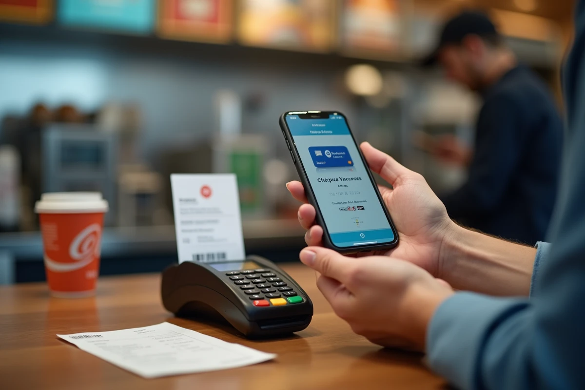 Paiement sans contact avec l'application Chèques Vacances Connect sur un terminal de caisse fast-food