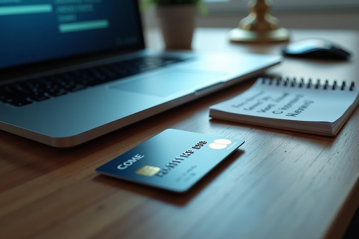 Vue aérienne d'un bureau avec un ordinateur affichant une page de paiement sécurisé et une carte bancaire