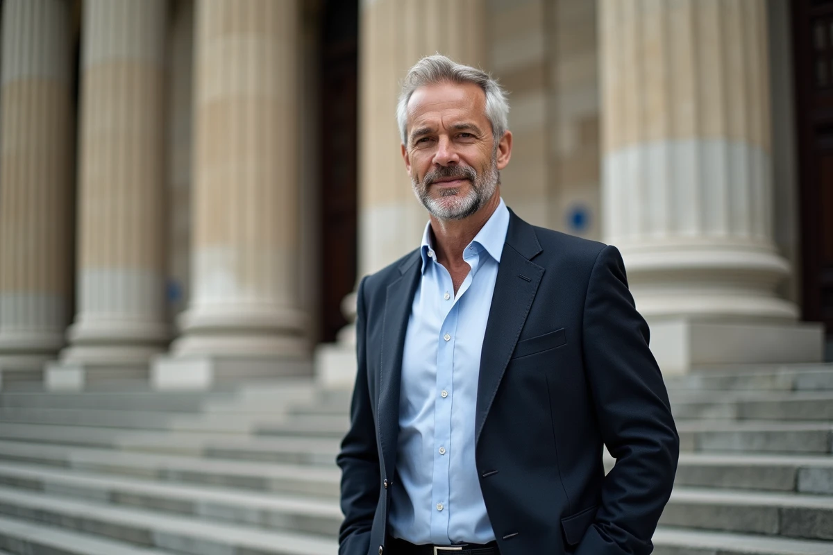 Personnalité médiatique devant un bâtiment de chaîne de télévision française, évoquant notoriété et succès professionnel