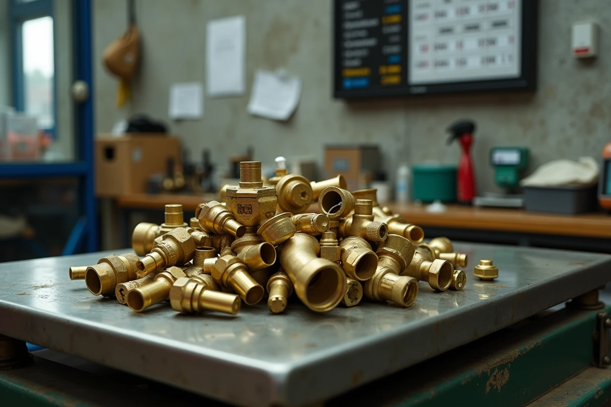 Balance industrielle pesant des pièces en laiton dans un centre de collecte de ferraille