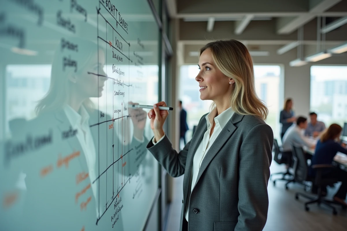 Femme présentant un plan d'investissement à long terme sur un tableau blanc dans un bureau professionnel