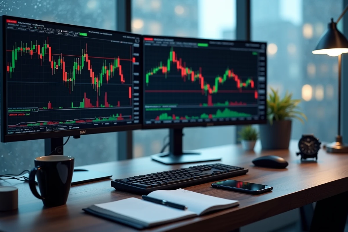 Poste de travail boursier professionnel montrant les graphiques du DAX européen et du S&P 500 américain durant la fenêtre d'overlap des sessions de trading