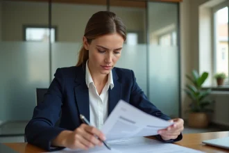 Femme professionnelle examinant des documents d'assurance liés au prélèvement ADIS 2026 dans un bureau moderne
