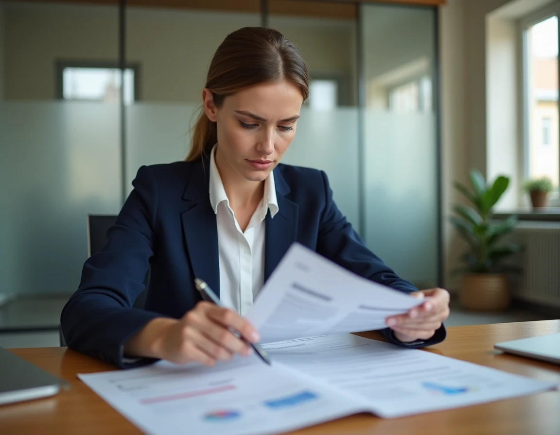 Femme professionnelle examinant des documents d'assurance liés au prélèvement ADIS 2026 dans un bureau moderne