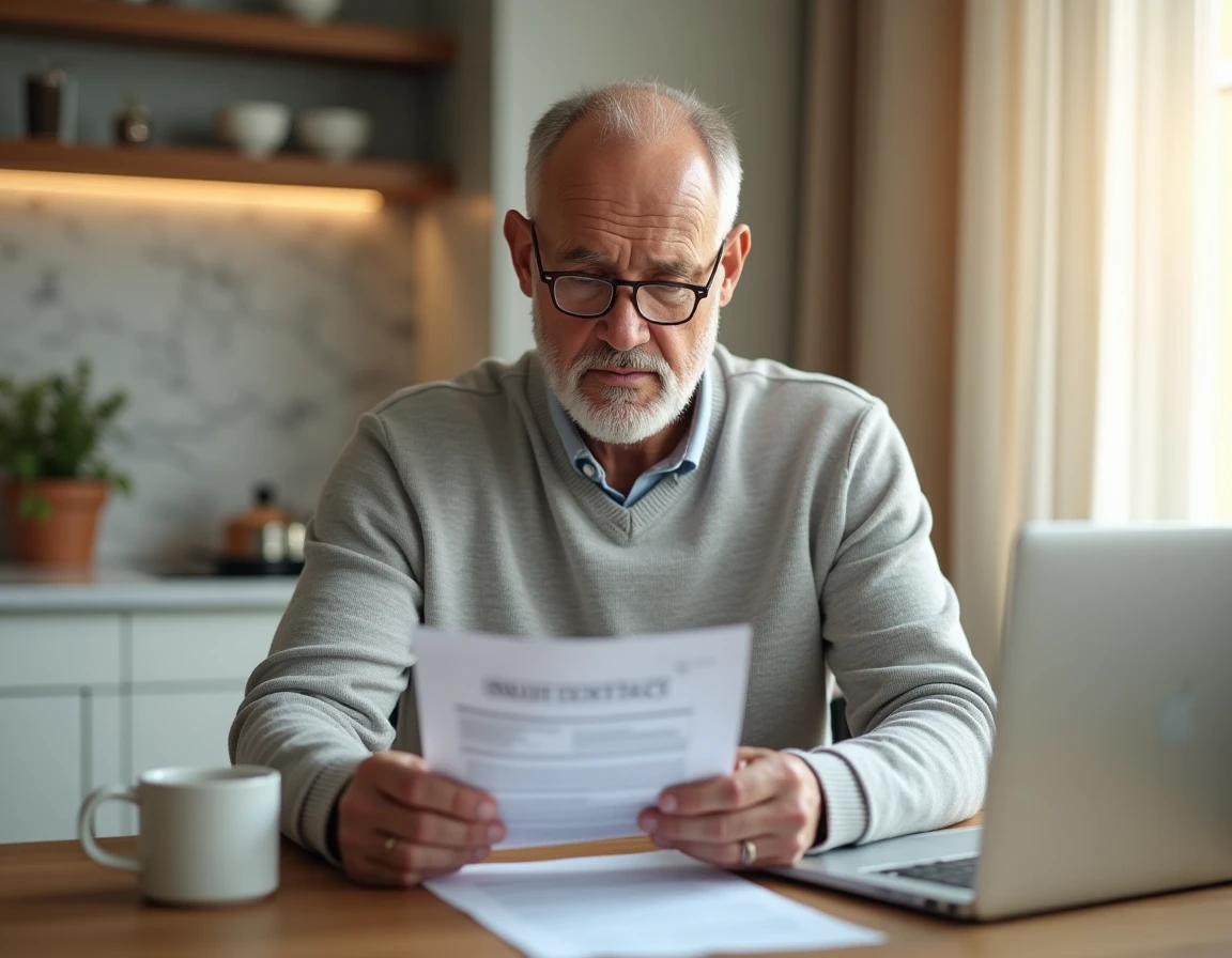 Homme à domicile consultant son contrat d'assurance en anticipation des changements du prélèvement ADIS 2026