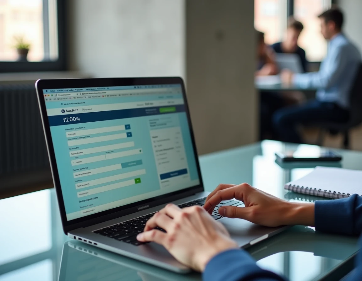 Gestion en ligne d'un contrat d'assurance sur ordinateur portable dans un espace de coworking moderne, en lien avec le prélèvement ADIS