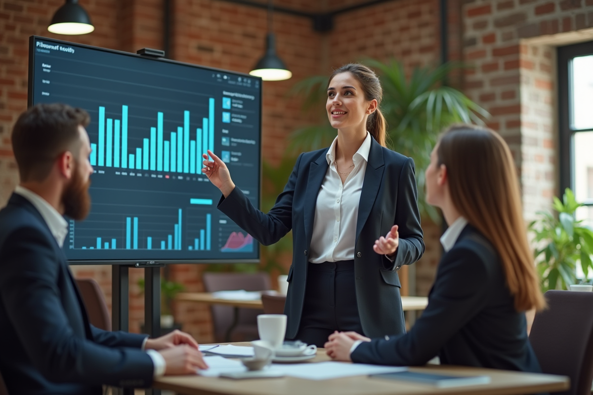 Jeune entrepreneure présentant des graphiques à ses collègues dans un espace de coworking