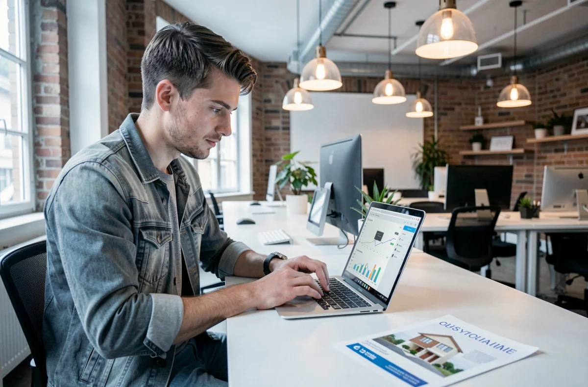 Conseiller Pretto, courtier digital en crédit immobilier, travaillant sur une simulation en ligne dans un bureau au style startup