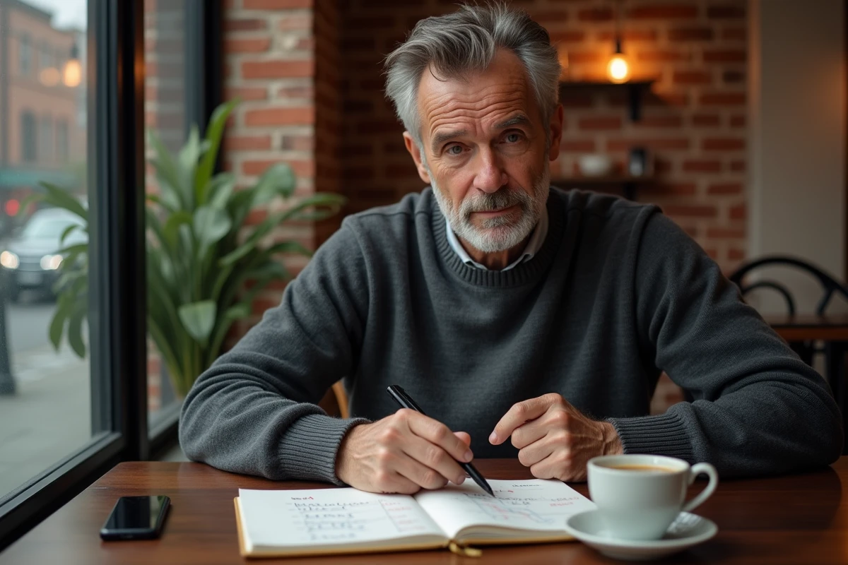 Homme prenant des notes sur une prévision Bitcoin dans un café urbain avec son smartphone
