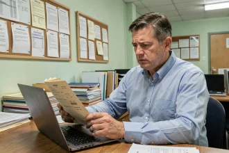 Professeur consultant ses fiches de paie avec inquiétude dans la salle des professeurs